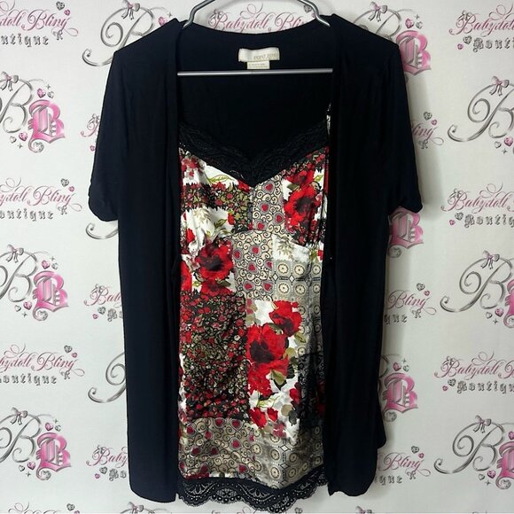 Point zero top shirt camisole tshirt Floral Black and Red Women's Top - Picture 1 of 8